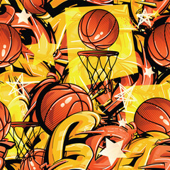 Basketball seamless pattern with ball, street art style graffiti background text. Sport wall repeat print for boy textile, wrapping paper. Basketball ornament. Slogan Best game.