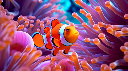 Clownfish swimming in ocean. Generative AI - obrazy, fototapety, plakaty