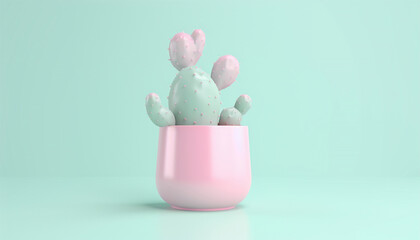 Cactus 3d illustration pastel colors. green Cactus in pink pot colored on green pink background. Fashion, minimalism. Contemporary Art gallery Style. Creative cacti concept. Trendy tropical cactus 