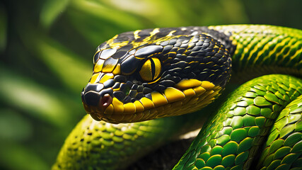 Portrait of a dangerous green snake. Generative AI