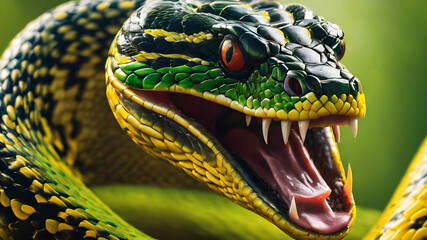 Portrait of a dangerous green snake. Generative AI - obrazy, fototapety, plakaty