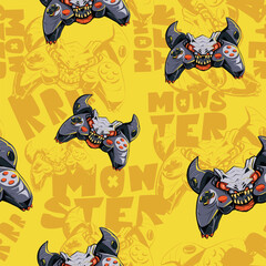 Cartoon seamless pattern with monster gamepad. Evil monster cartoon Character of gamepads on yellow background with text.