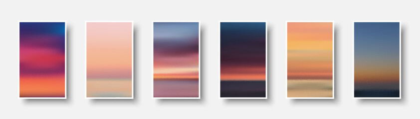 Set of colorful paper sunset and sunrise sea cards. Abstract blurred textured gradient mesh color backgrounds.