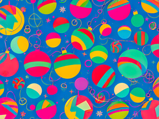 Christmas holiday multicolored pattern. Christmas background with Christmas balls. AI-generated digital illustration, flat style.