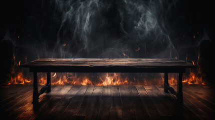 old wood table with flame effect on dark background - rustic vintage decor