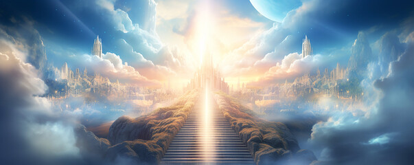 Stairs to Doors Paradise: Architectural Journey into a Mystical Wonderland, Discover the Enchanting Pathway, 
on religions Faith, forgiveness to God, Heavenly gate  sunbeam gold motivation imagination