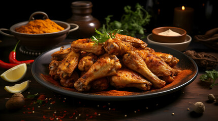 A plate of food with chicken wings and spices on a wooden table, Generated With Ai.
