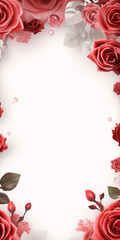 Valentine's Day border design with red roses and romantic motifs surrounding a blank background. - obrazy, fototapety, plakaty