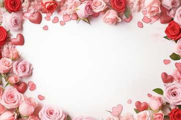 Valentine's Day border design with red roses and romantic motifs surrounding a blank background.