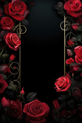 Valentine's border design with red roses and romantic motifs surrounding a black space.