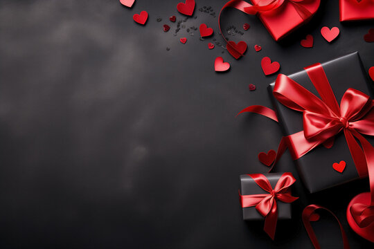 Valentine's Day border design with gift boxes, red hearts and romantic motifs surrounding a black background.