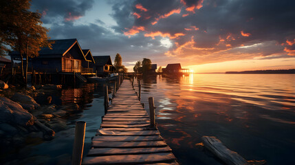 A wooden pier with houses on the water at sunset, Generated With Ai.