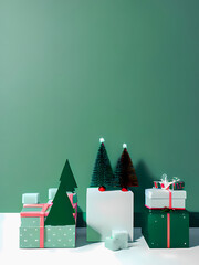 Christmas interior decoration. Christmas interior with Christmas trees, Christmas presents, and copy space for greeting text on a green background. AI-generated digital illustration.