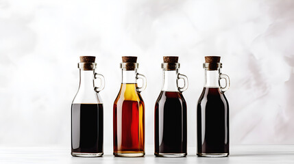 Balsamic vinegar and balsamic sauce collection. Set of elegant glass bottles filled with variety of balsamic vinegars, sauces and other salad dressings, copy space. Mediterranean diet, Italian food
