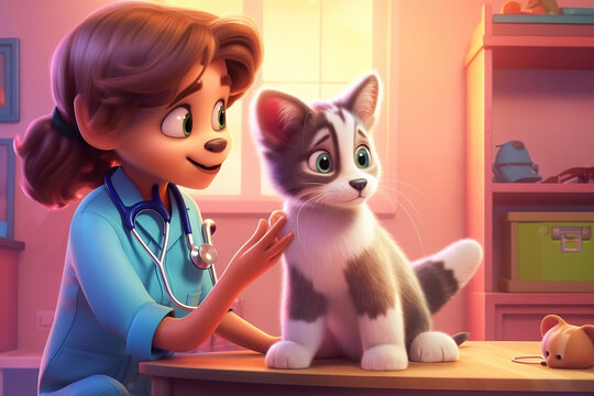 Vet examining dog and cat. Puppy and kitten at veterinarian doctor. Animal clinic. Pet check up and vaccination. Health care for dogs and cats.