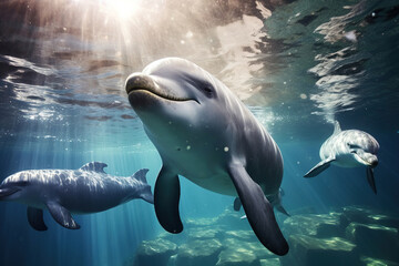 Underwater photo of wild dolphins,