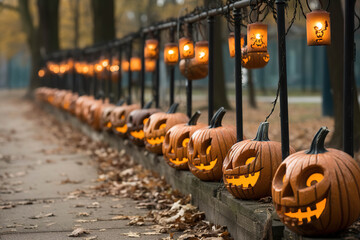 Halloween Pumpkins Illuminating a Path in the Autumn Woods - obrazy, fototapety, plakaty