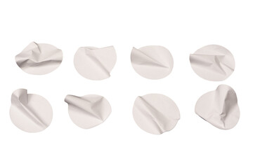 Round white stickers, blank tags labels isolated on a white background.
