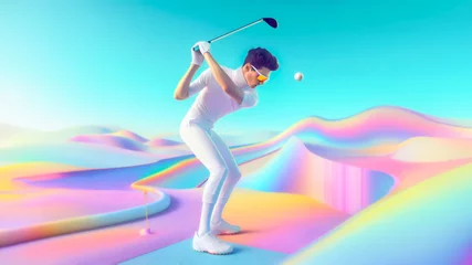 Foto auf Glas Young man playing golf in virtual space. Metaverse sports concept. © mim.girl
