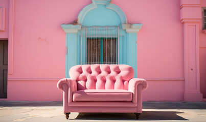 Pink armchair in front of a colorful Cuban style house