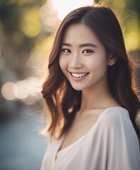 a closeup photo portrait of a beautiful young asian model woman smiling with clean teeth