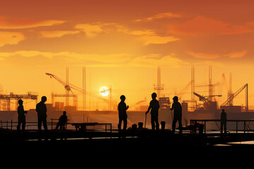 Fototapeta na wymiar Silhouette of engineer and construction team working at site over blurred background sunset pastel for industry background with Light fair.