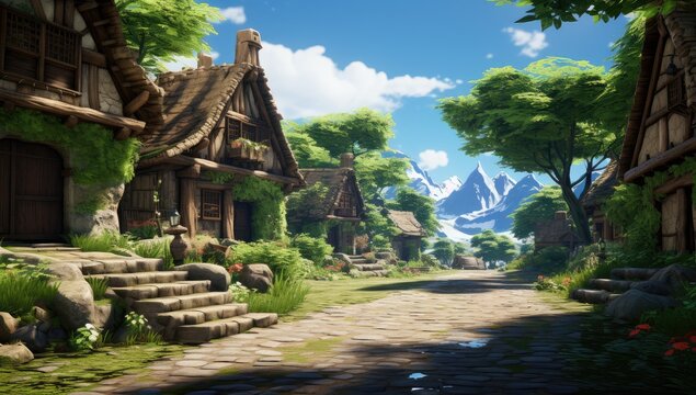 a picture of a village road from a anime