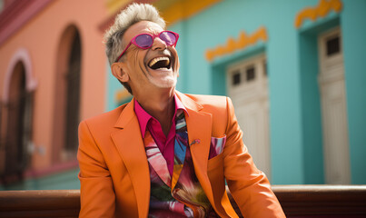 Smiling, happy and carefree senior old man with extravagant clothes and sunglasses in the city....
