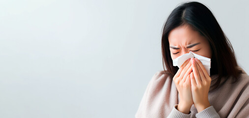 Young Asian woman with flu or allergy with running nose. Banner