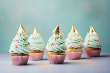 Christmas tree shaped cupcakes on a pastel blue background, pink and gold colors, holiday dessert