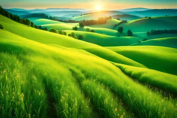 Fotobehang Groen landscape with green grass and blue sky
