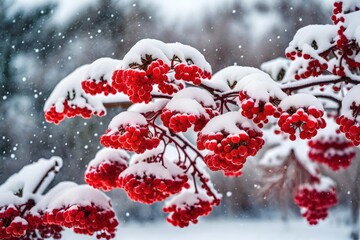 Naklejka na ściany i meble red berries in snow
