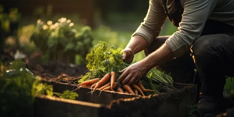 Fototapete a man is picking carrots in a wooden box on a vegetable garden © Photo And Art Panda