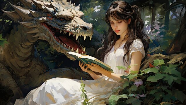 a girl reading around a dragon