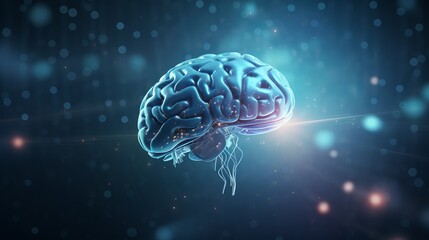 human brain on blue holographic background