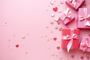 Colorful pink and red gift package with ribbon on pink background with heart shaped confetti, concept for birthdays, holiday events or other celebrations, Flat lay