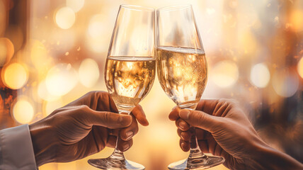 Couples clinking wine glasses at a wedding with abstract bokeh light party background. Two people toasting wine glasses in the gala dinner.