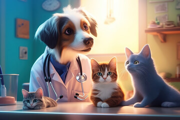 Vet examining dog and cat. Puppy and kitten at veterinarian doctor. Animal clinic. Pet check up and vaccination. Health care