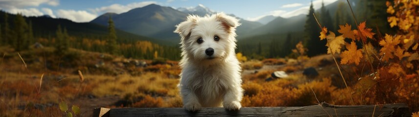 Cute West Highland White Terrier dog stands leaning on a fence against the backdrop of a mountain landscape. A mongrel against the backdrop of amazing mountains and forests. Panoramic poster, banner.