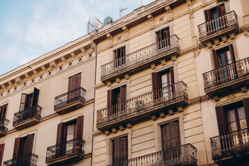colonial architecture of Europe, balconies of an old house in Europe, old quarter in Barcelona, symbol of Catalonia