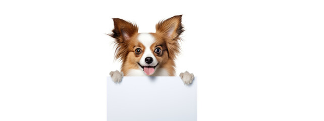 Cute little dog holds in his paws a blank banner for text on a white background.