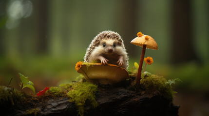 Obraz premium cute hedgehog sits on a mushroom against the background of the forest.