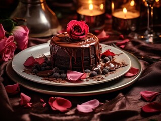 Romantic Valentine's Day dessert garnished with berries and fresh rose petals on a cozy table setup