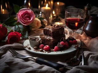 Romantic Valentine's Day dessert garnished with berries and fresh rose petals on a cozy table setup