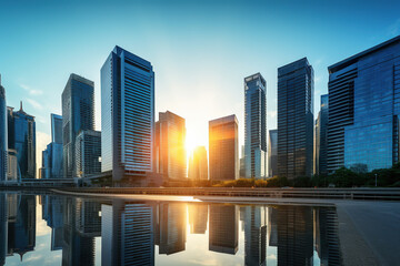 Office and residential skyscrapers on bright sun and clear blue sunset sky background. Commercial real estate. Modern business city district. Office buildings exterior. Financial city district.
