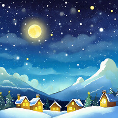 Winterlandschaft mit kleinem Dorf bei Nacht