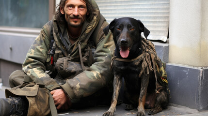 A smiling homeless veteran with a dog sits on the sidewalk against the backdrop of a city street.