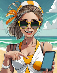 junge Frau mit Smartphone am Strand