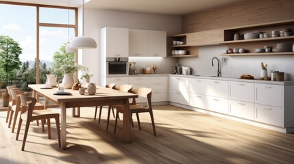 Interior of modern spacious kitchen with wooden trim in luxury villa. Open shelves with utensils, dining table with chairs, panoramic windows with picturesque landscape view. Contemporary home design.