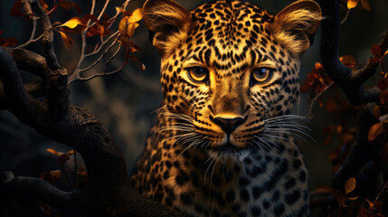A leopard stalks its prey by watching it from the branches of a tree. Close-up. The leopard is hunting.